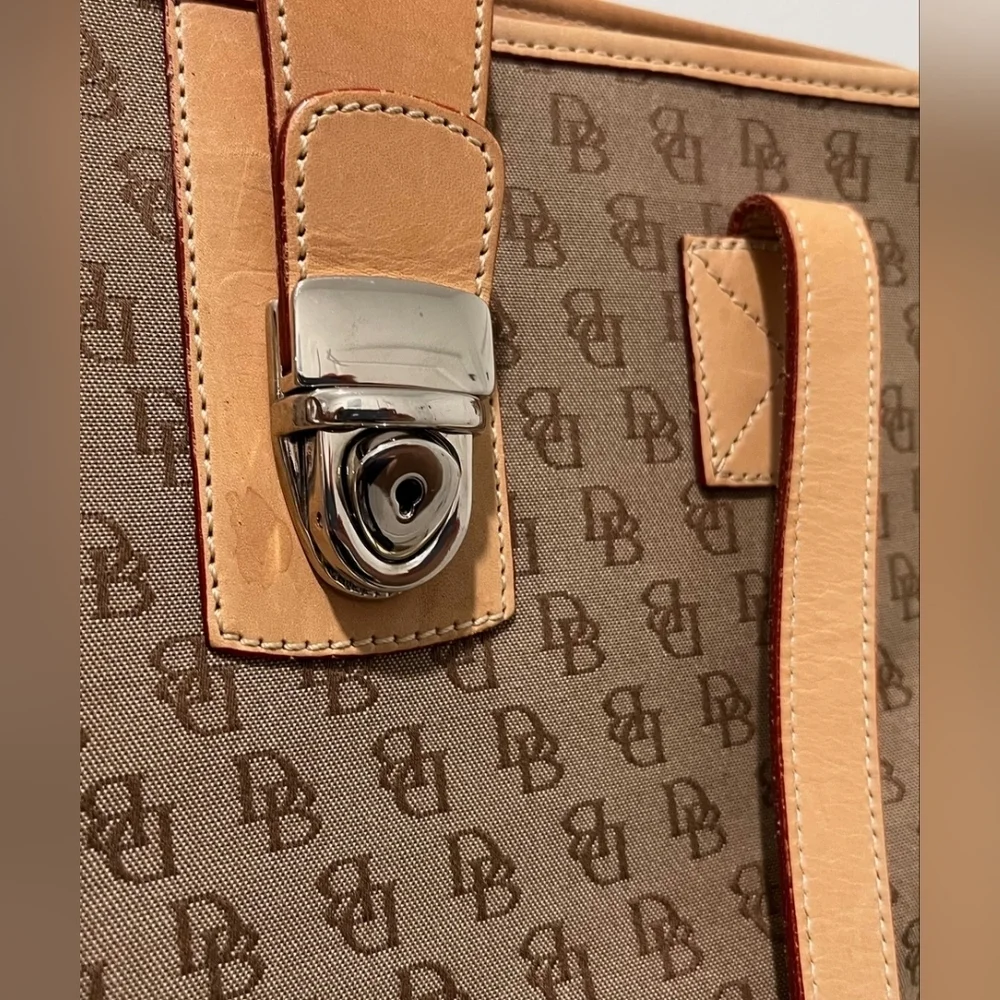 Vintage Dooney & Bourke Signature Logo Canvas Shopper With Leather Trim  EUC